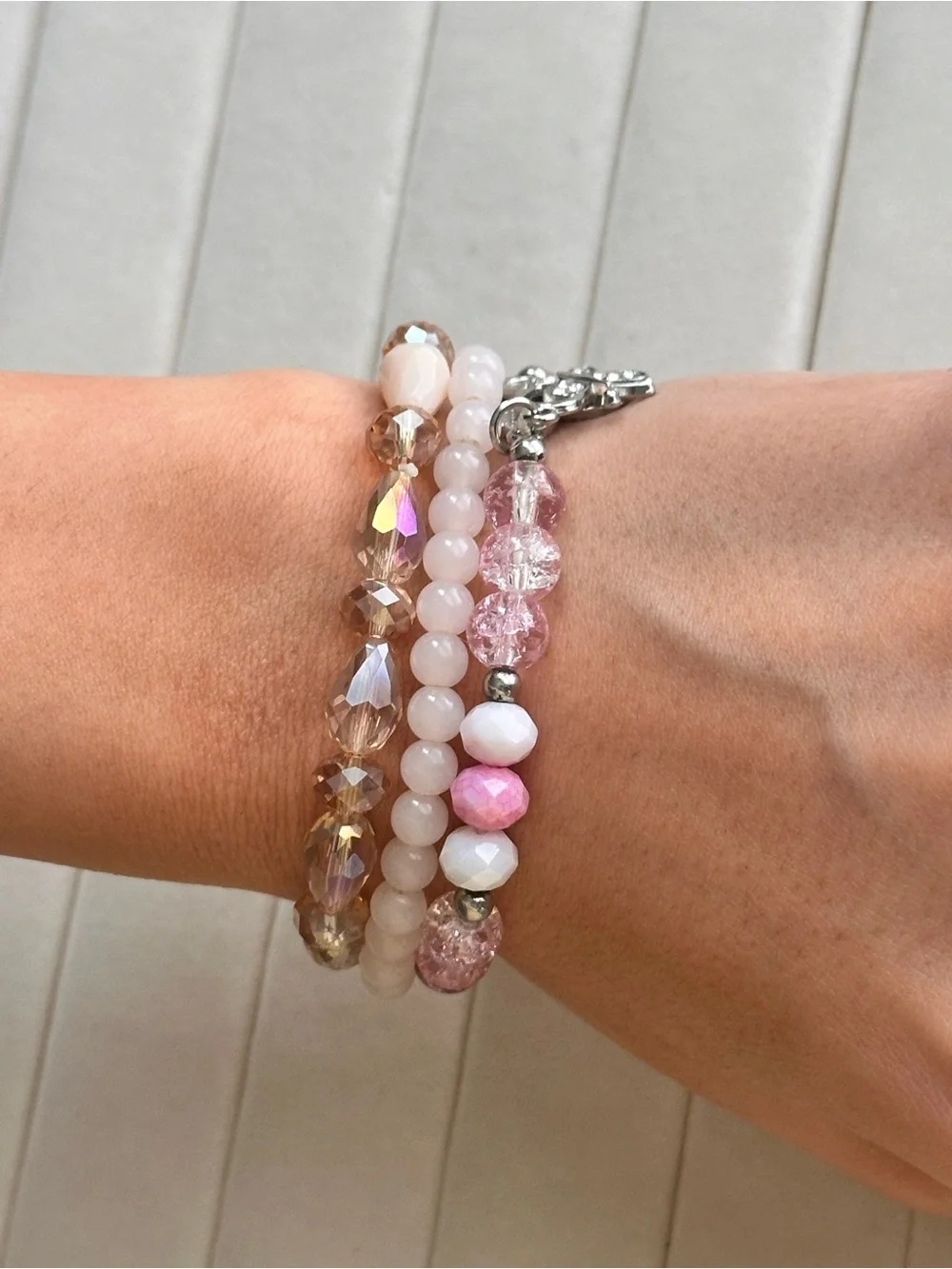 Pink Beaded Butterfly Charm Bracelet Set